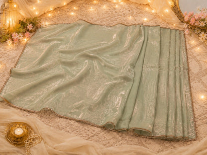 Fandy Crush Saree Mint Green Shimmer Lightweight Party Wear Saree with Elegant Gold Border