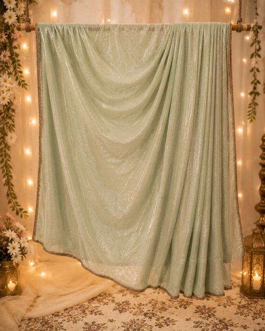 Fandy Crush Saree Mint Green Shimmer Lightweight Party Wear Saree with Elegant Gold Border