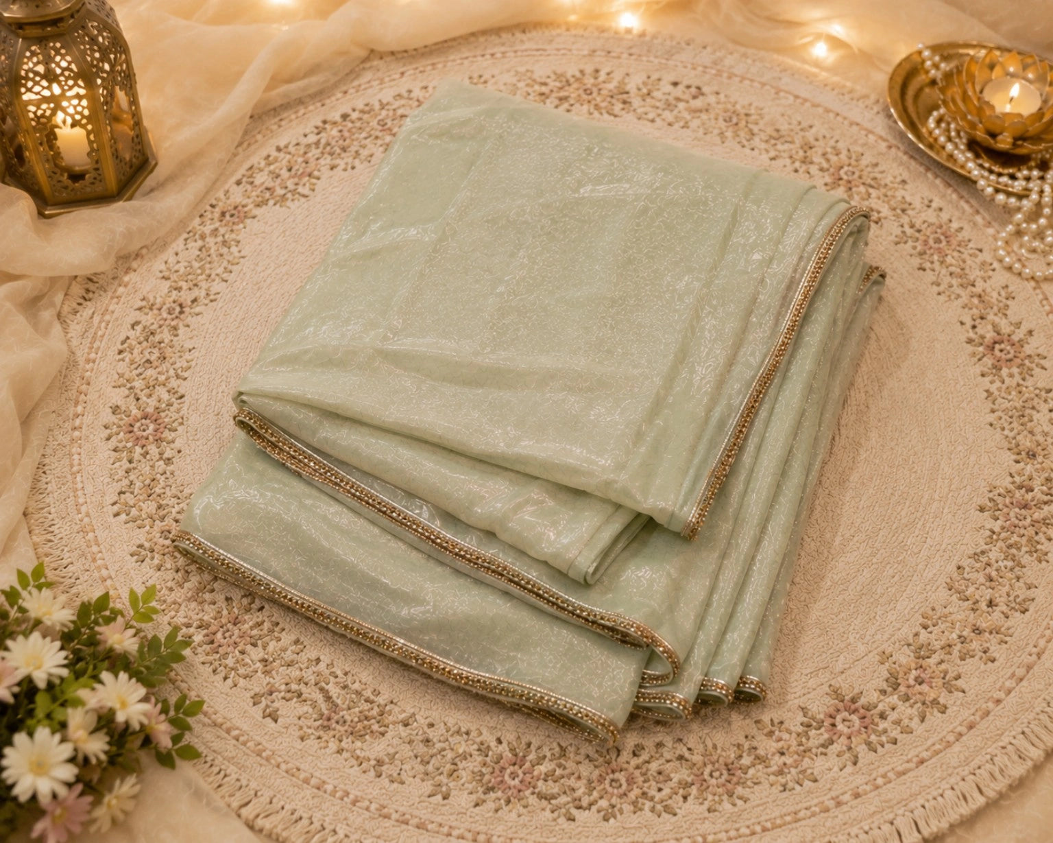 Fandy Crush Saree Mint Green Shimmer Lightweight Party Wear Saree with Elegant Gold Border