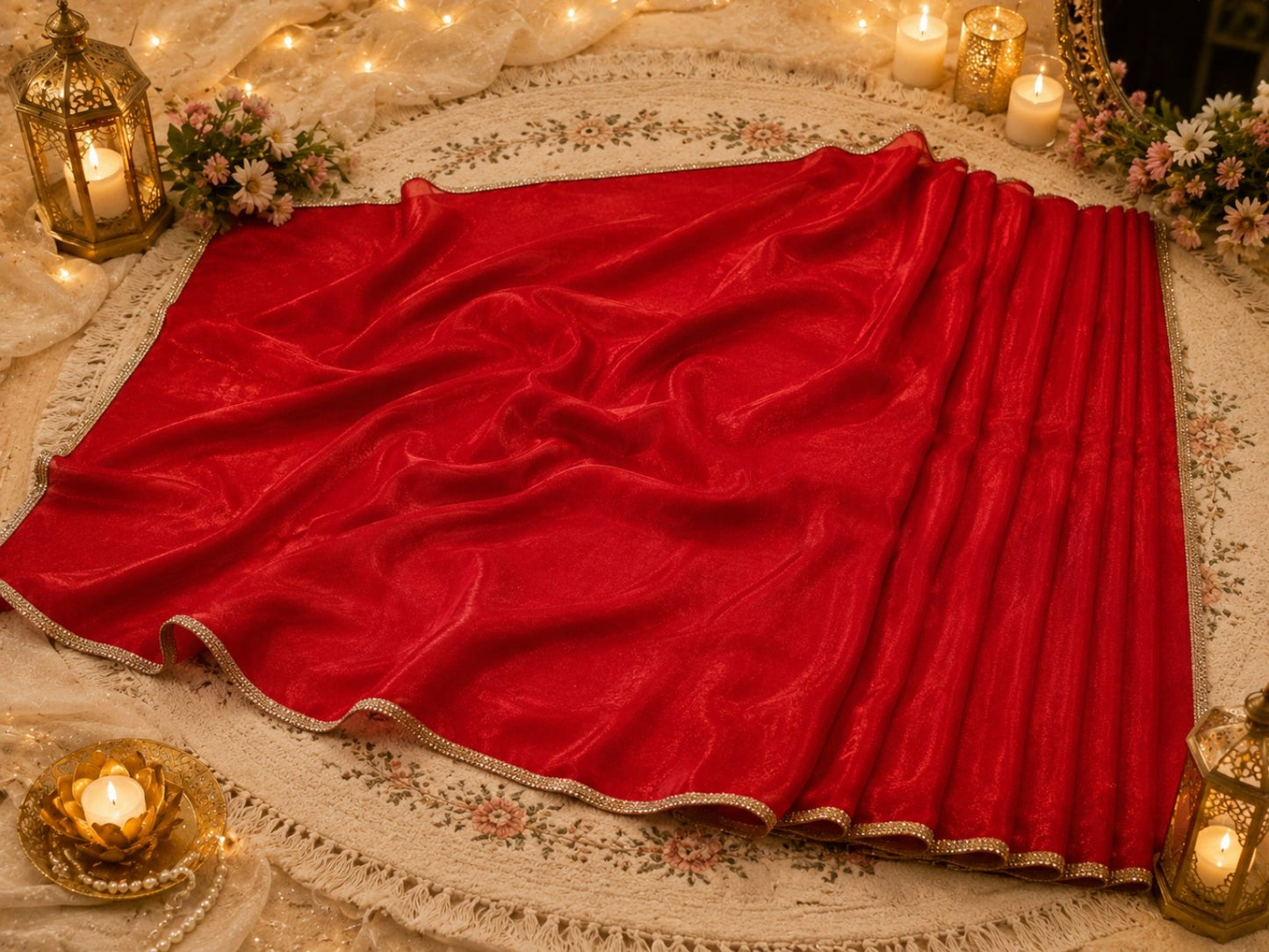 Fandy Crush Saree Red Shimmer Finish with Gold Lace Border Party Wear Saree