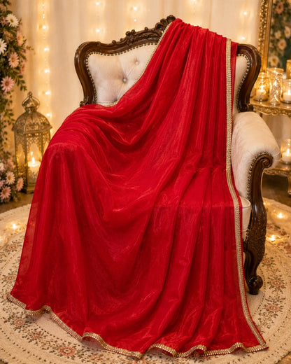 Fandy Crush Saree Red Shimmer Finish with Gold Lace Border Party Wear Saree