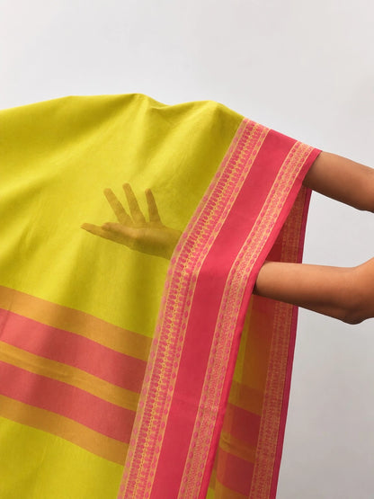 Pure Cotton Handloom Saree in Lime Yellow with Pink Woven Border