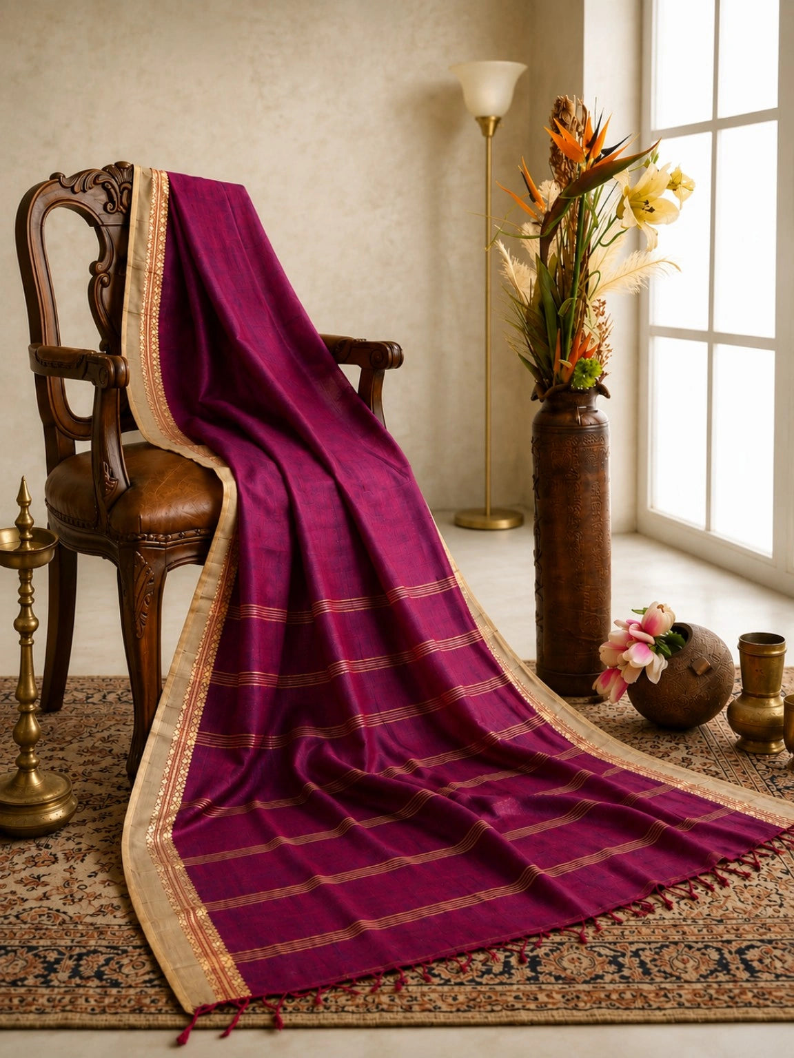 Pure Cotton Handloom Magenta Woven Saree with Gold Zari Border & Tassel Pallu