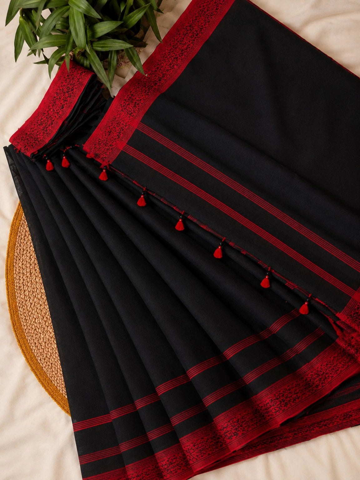 Black Pure Cotton Handloom Saree with Red Woven Border & Tassel Pallu