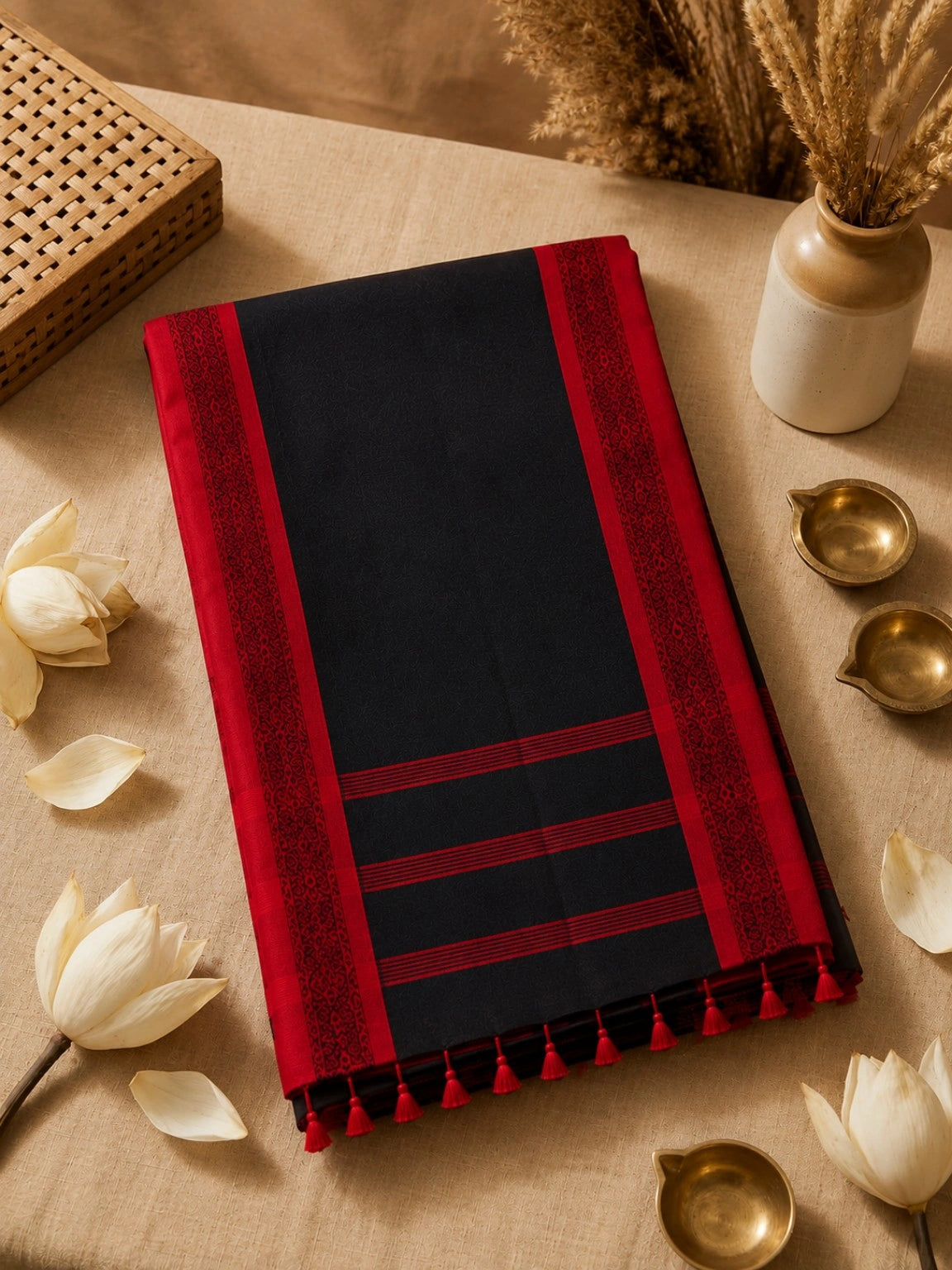 Black Pure Cotton Handloom Saree with Red Woven Border & Tassel Pallu