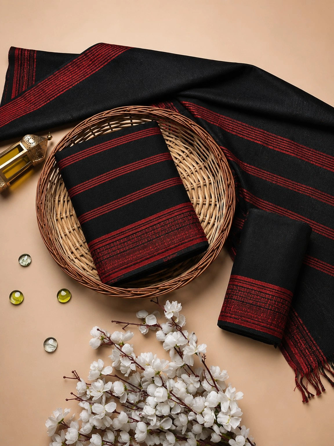 Black Pure Cotton Handloom Saree with Red Woven Border & Striped Pallu