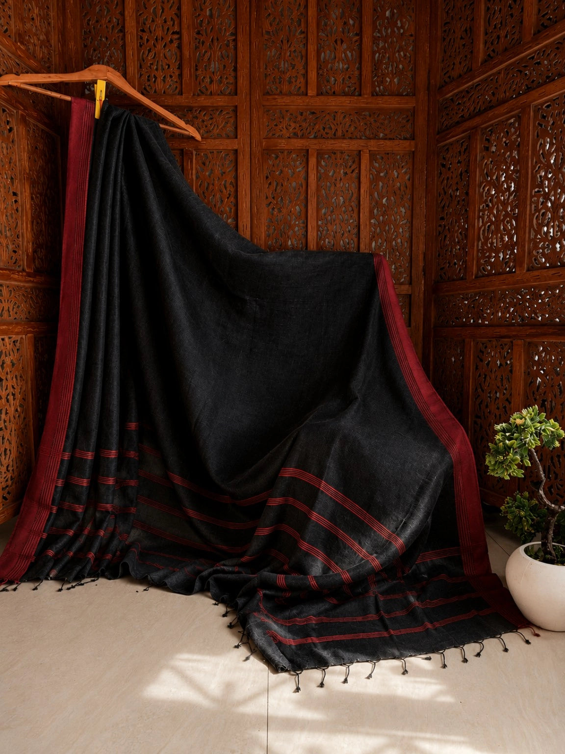 Black Pure Cotton Handloom Saree with Red Woven Border & Striped Pallu