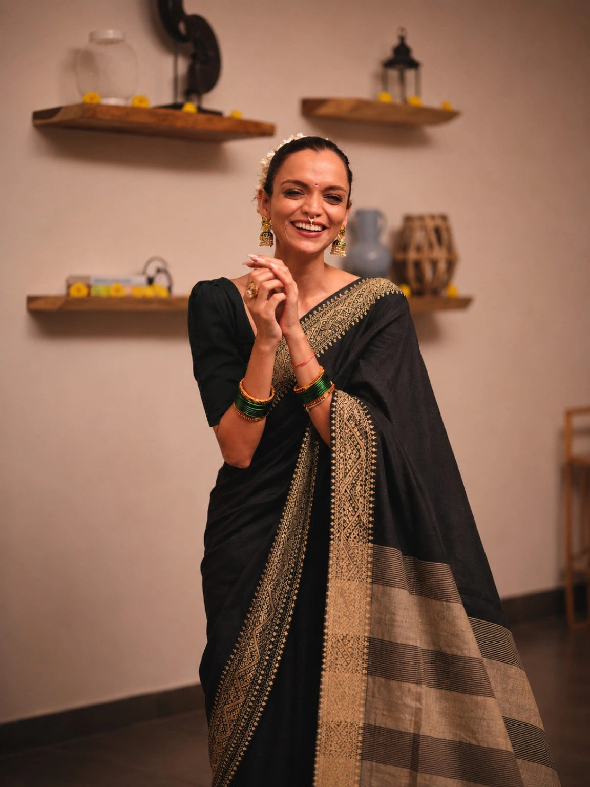Classic Black Pure Cotton Handloom Saree with Traditional Woven Border & Striped Pallu