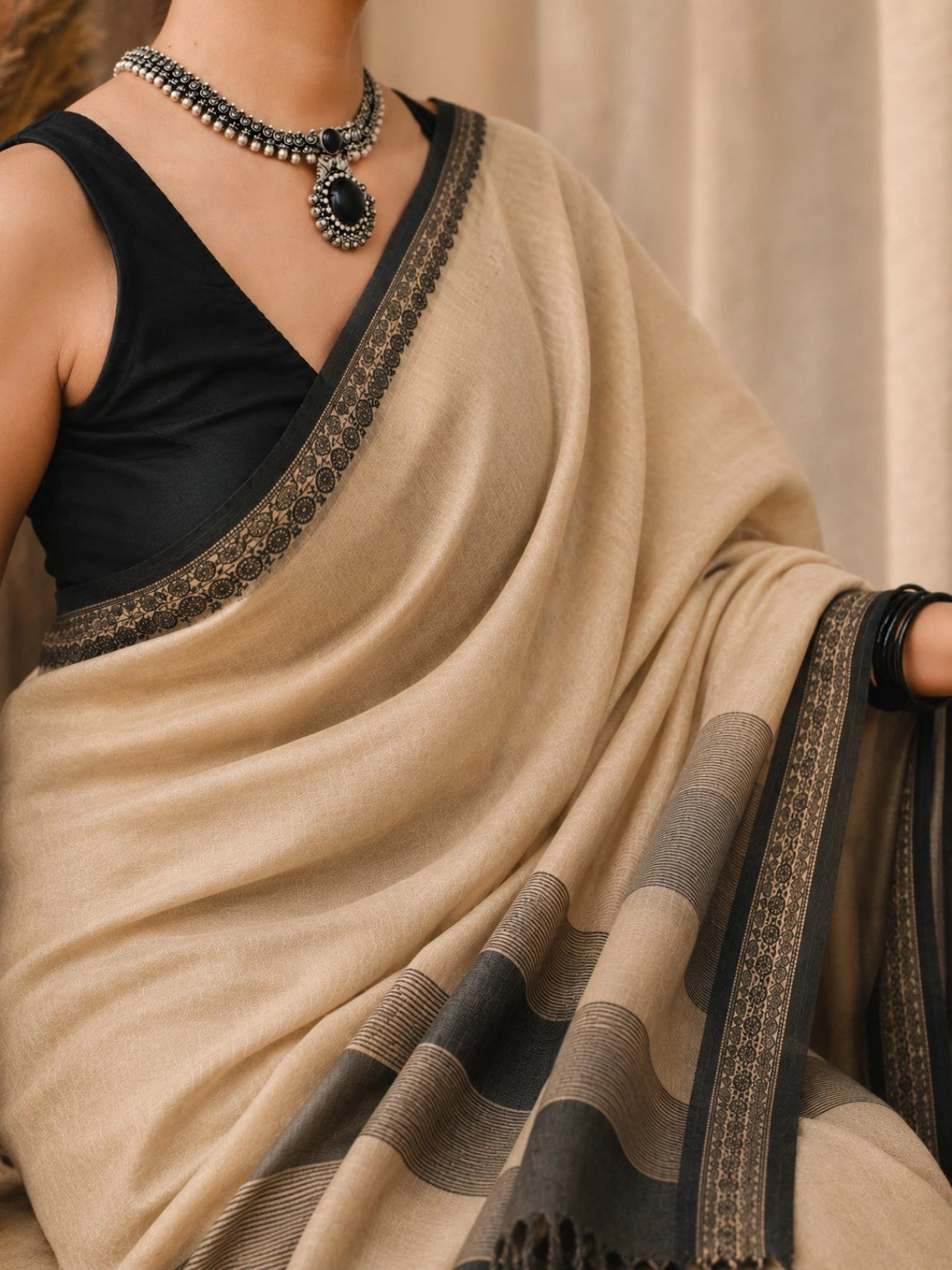 Pure Cotton Handloom Ghee Beige Saree with Black Woven Designer Border