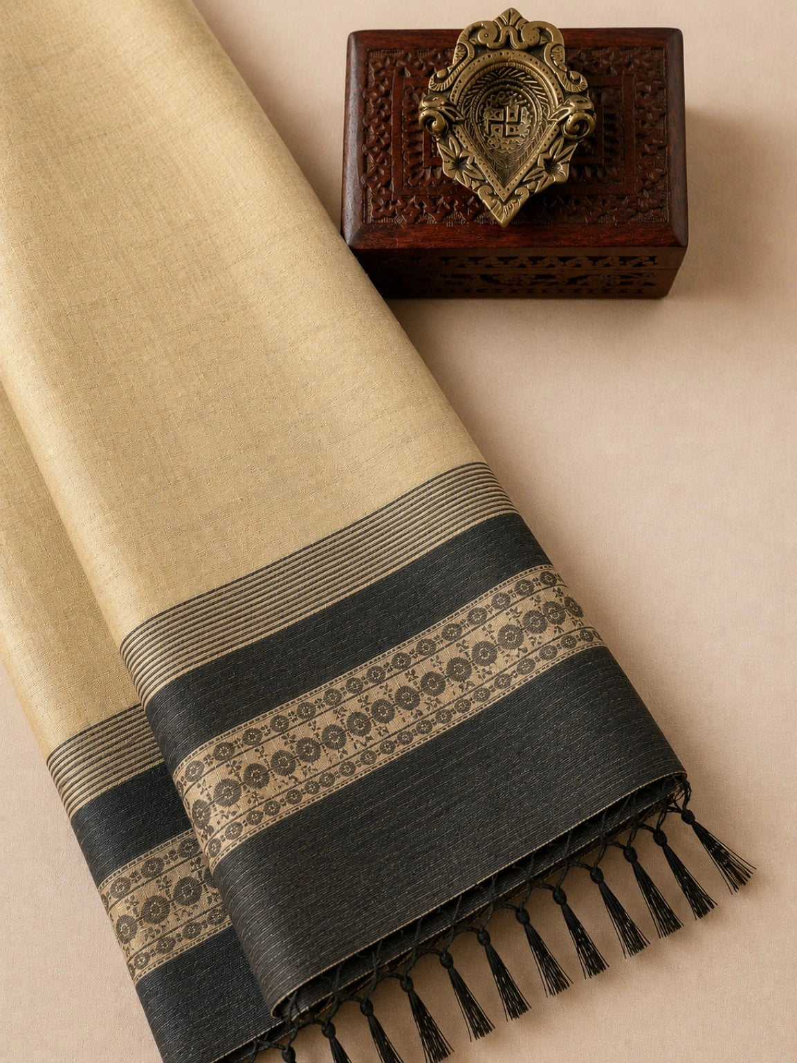 Pure Cotton Handloom Ghee Beige Saree with Black Woven Designer Border