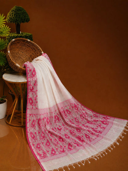 Off White Kota Jamdani Saree with Pink Woven Traditional Border & Rich Pallu