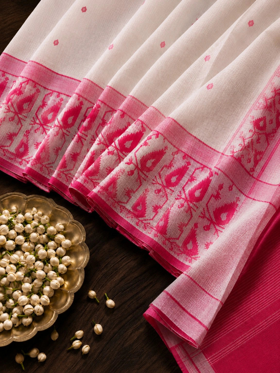 Off White Kota Jamdani Saree with Pink Woven Traditional Border & Rich Pallu