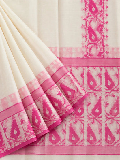 Off White Kota Jamdani Saree with Pink Woven Traditional Border & Rich Pallu