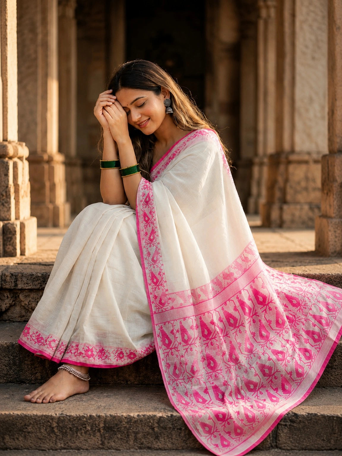 Off White Kota Jamdani Saree with Pink Woven Traditional Border & Rich Pallu