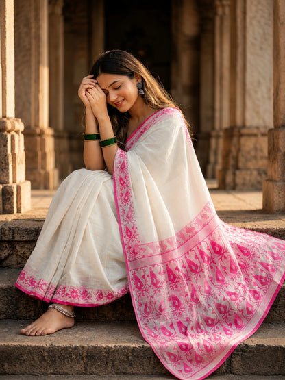 Off White Kota Jamdani Saree with Pink Woven Traditional Border & Rich Pallu