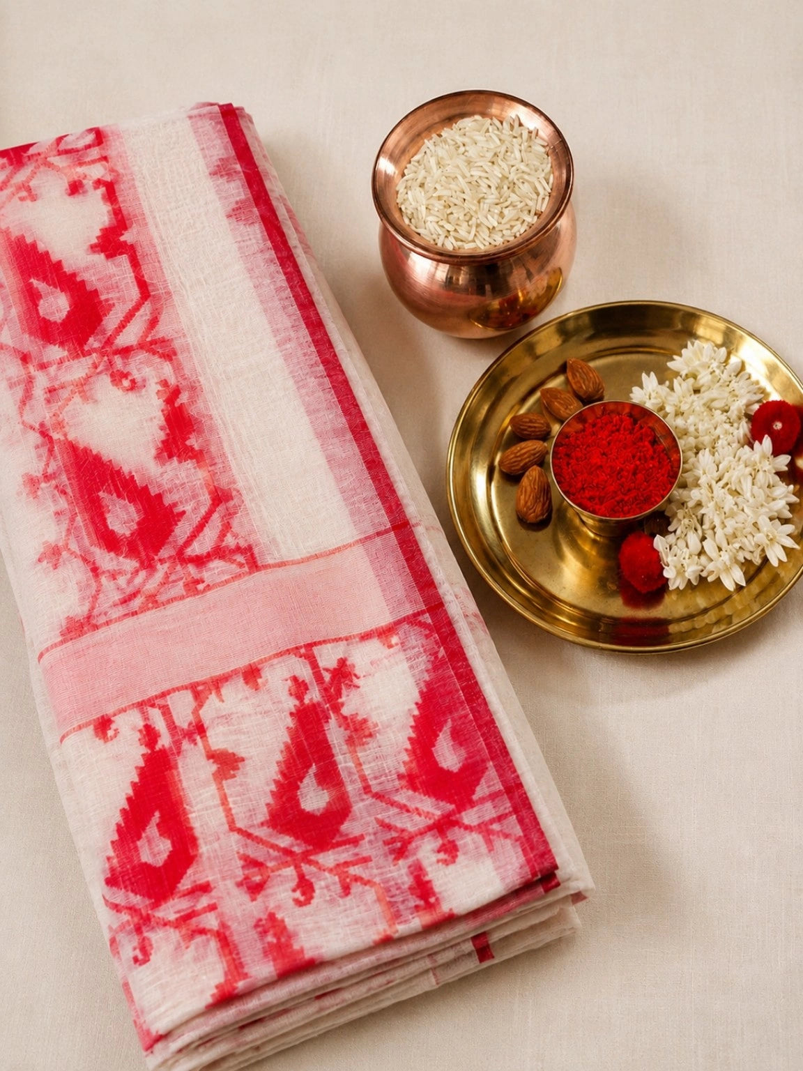Off White & Red Kota Jamdani Saree with Traditional Woven Temple Border