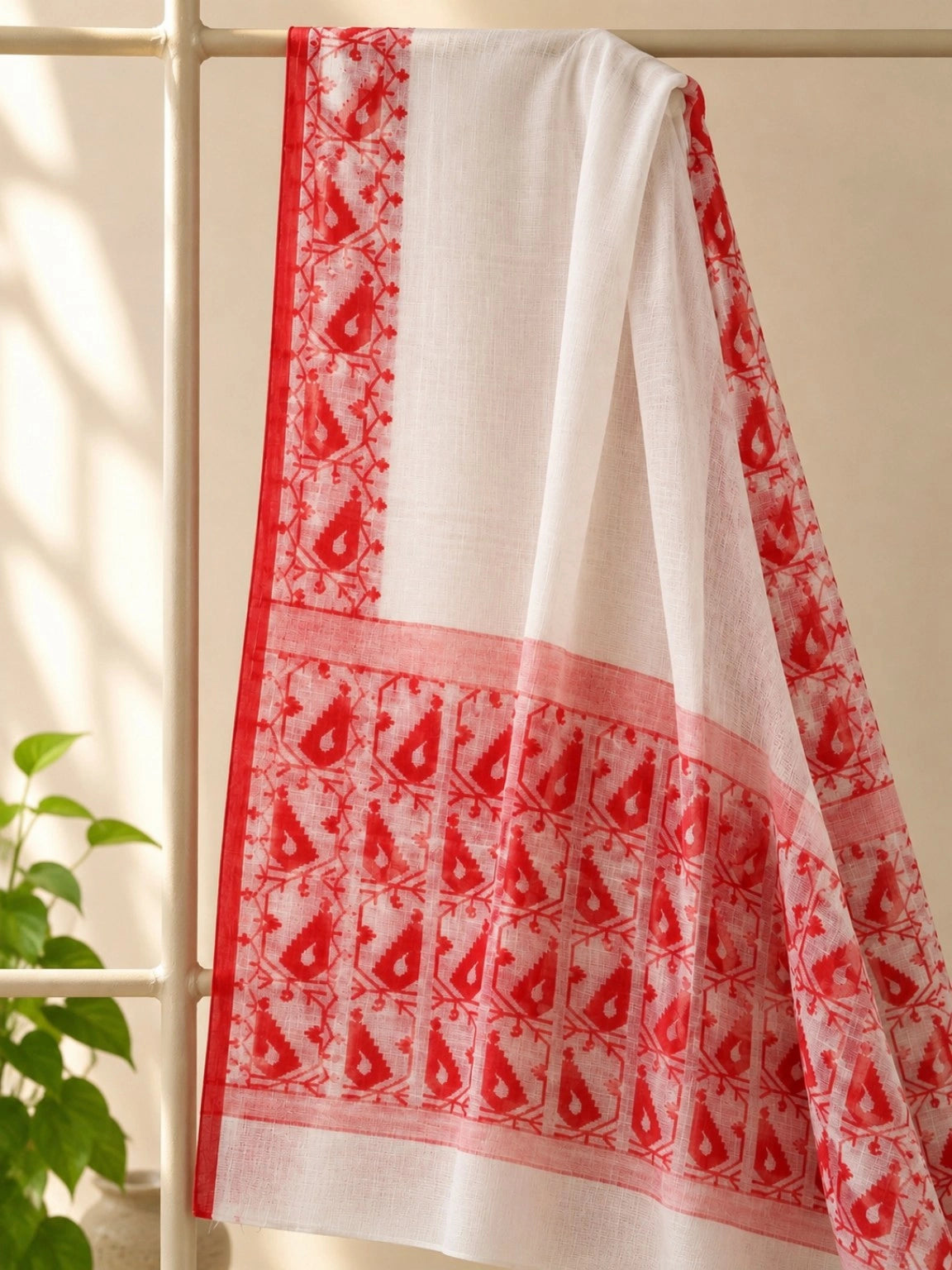 Off White & Red Kota Jamdani Saree with Traditional Woven Temple Border