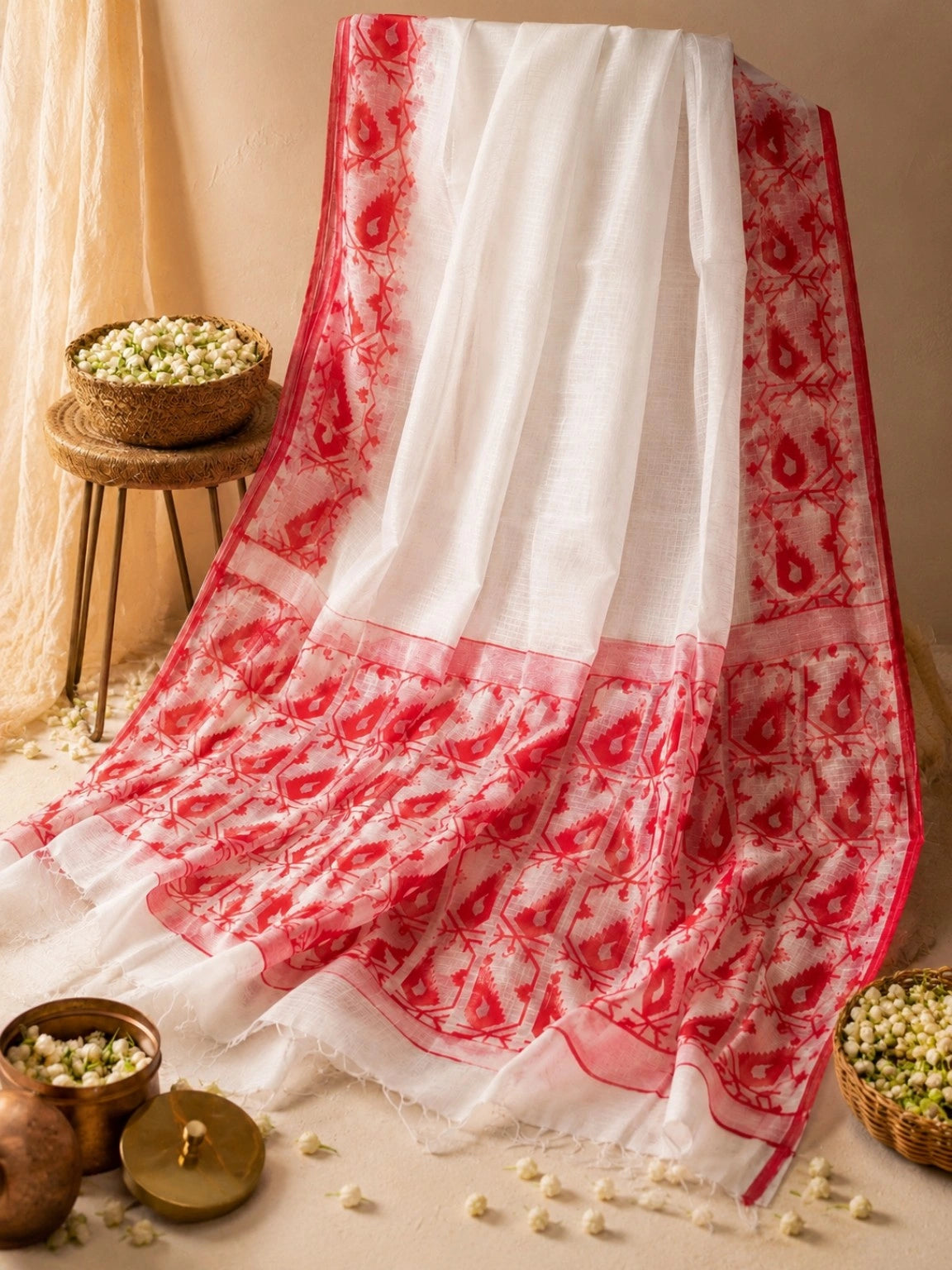 Off White & Red Kota Jamdani Saree with Traditional Woven Temple Border