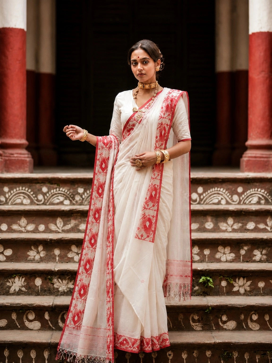 Off White & Red Kota Jamdani Saree with Traditional Woven Temple Border