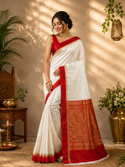 Off White Semi Katan Buta Saree with Red Zari Woven Floral Paisley Border