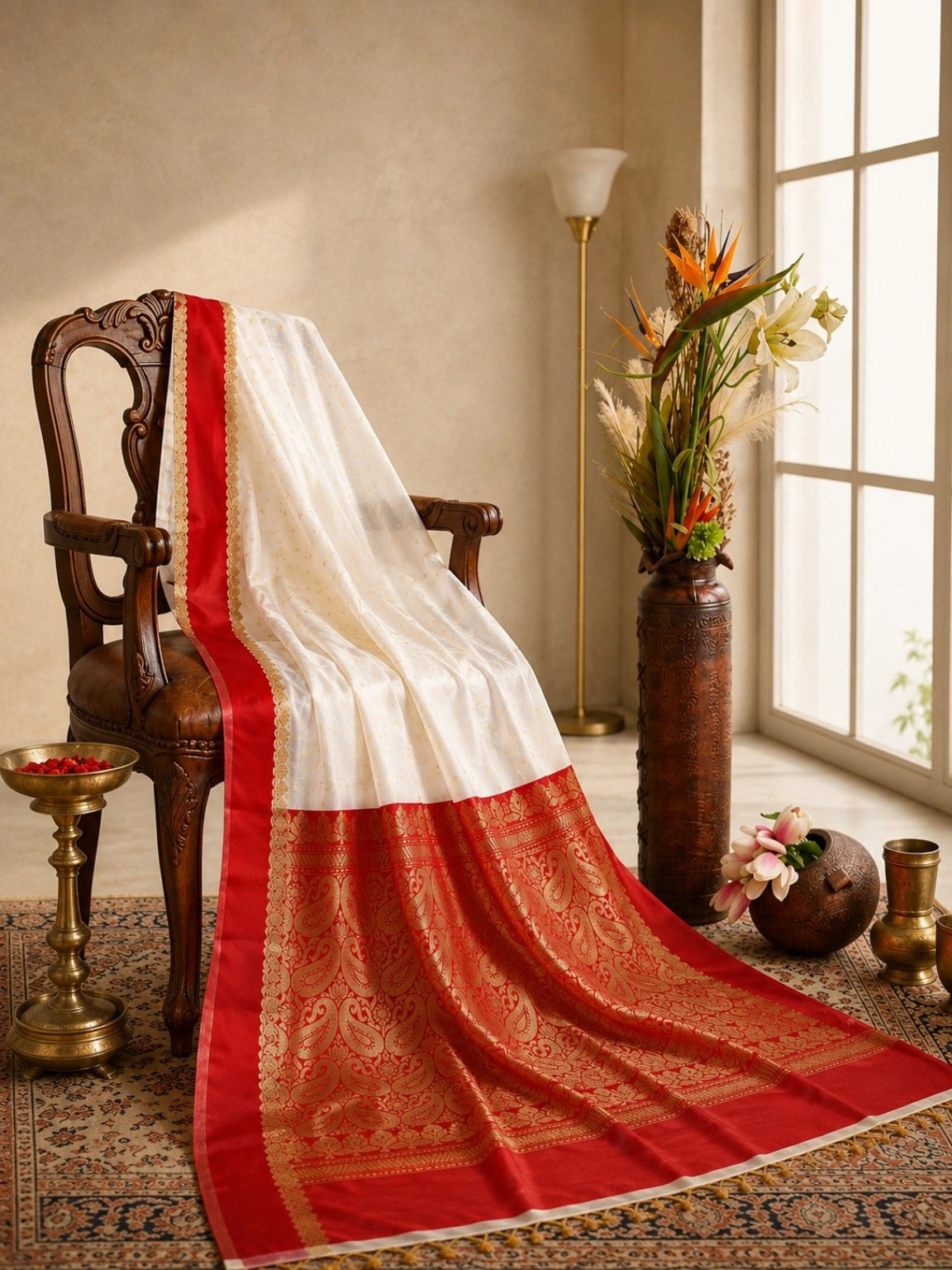 Off White Semi Katan Buta Saree with Red Zari Woven Floral Paisley Border