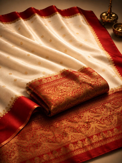 Off White Semi Katan Buta Saree with Red Zari Woven Floral Paisley Border