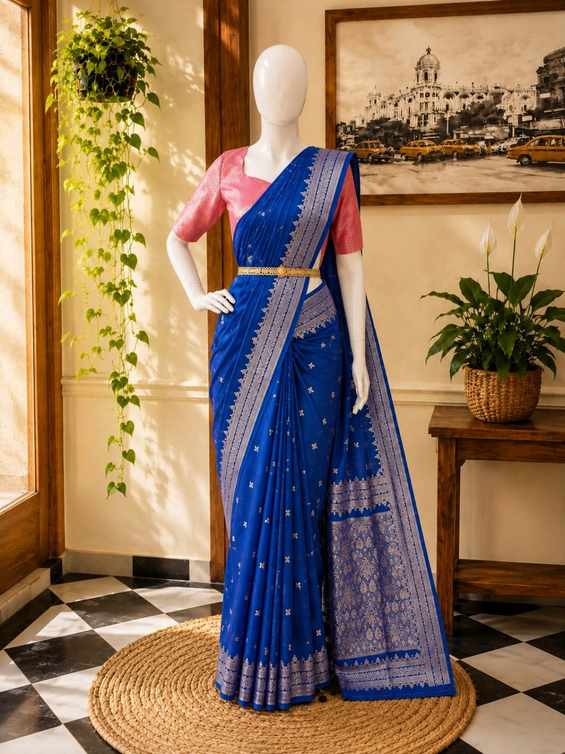 Royal Blue Semi Katan Silk Saree with Silver Woven Zari Border & Traditional Pallu