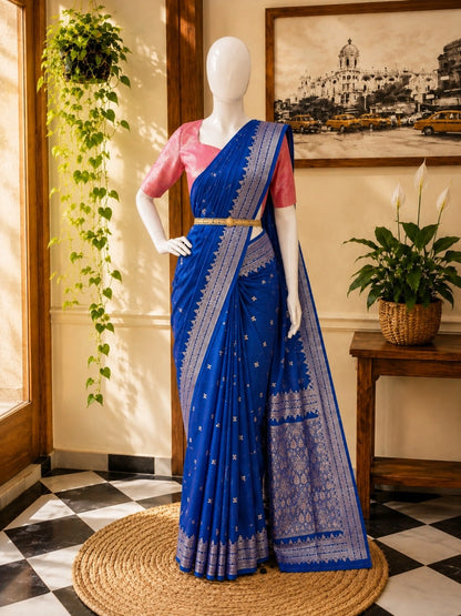 Royal Blue Semi Katan Silk Saree with Silver Woven Zari Border & Traditional Pallu