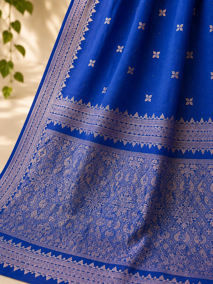 Royal Blue Semi Katan Silk Saree with Silver Woven Zari Border & Traditional Pallu