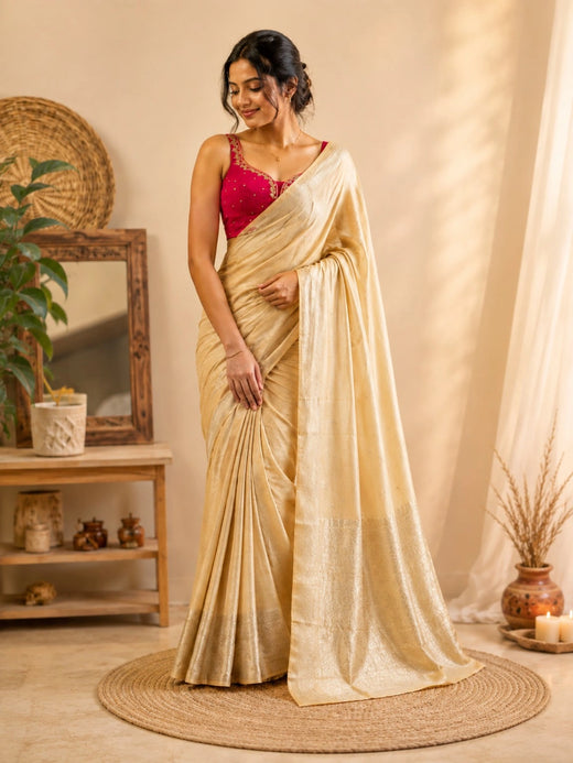 Semi Katan Silk Saree in Champagne Gold with Silver Zari Buti & Rich Woven Border