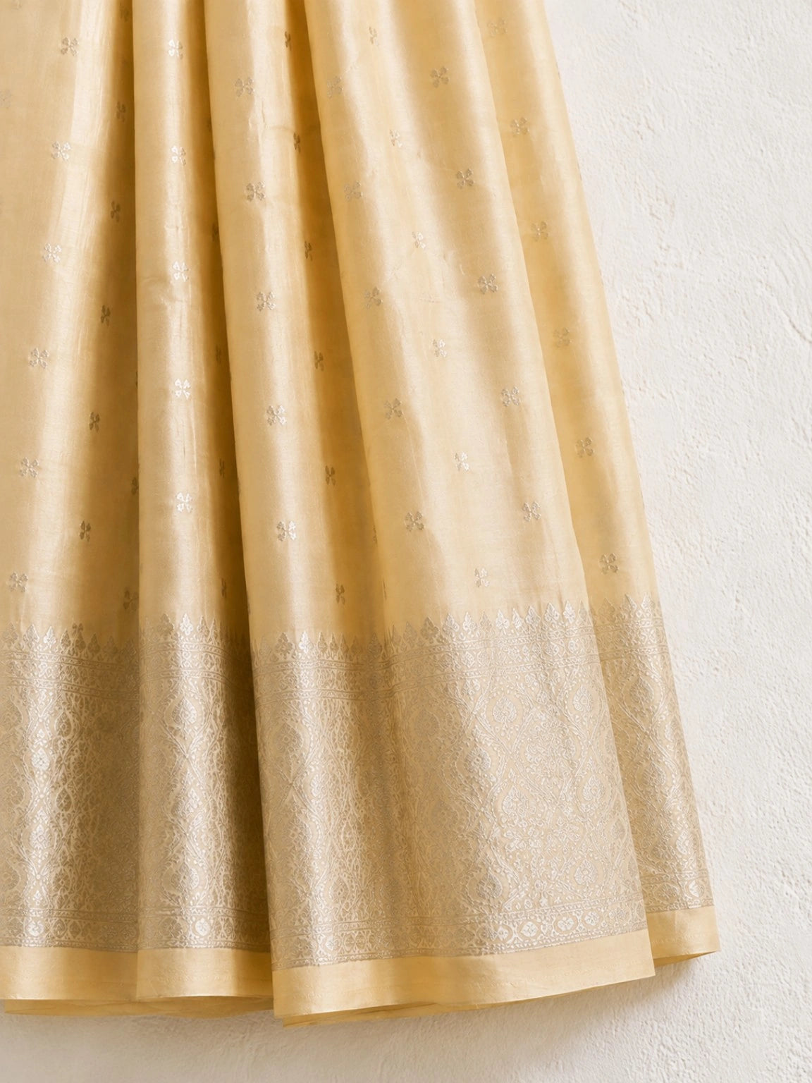 Semi Katan Silk Saree in Champagne Gold with Silver Zari Buti & Rich Woven Border