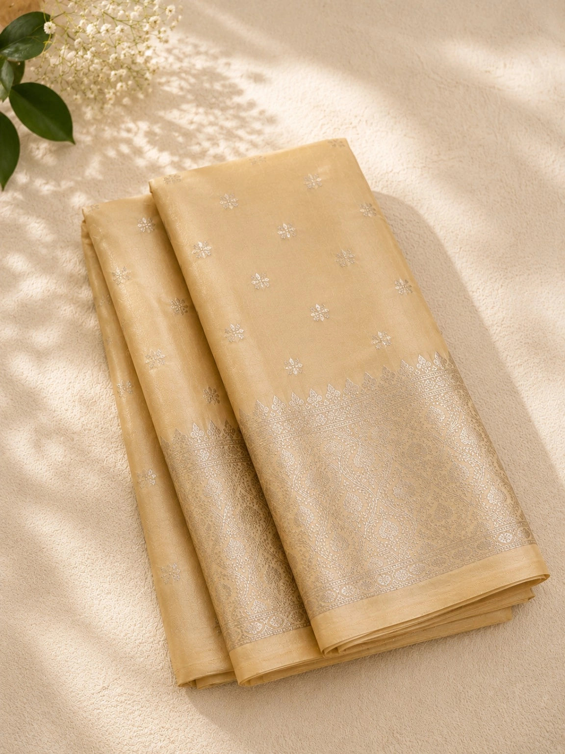 Semi Katan Silk Saree in Champagne Gold with Silver Zari Buti & Rich Woven Border