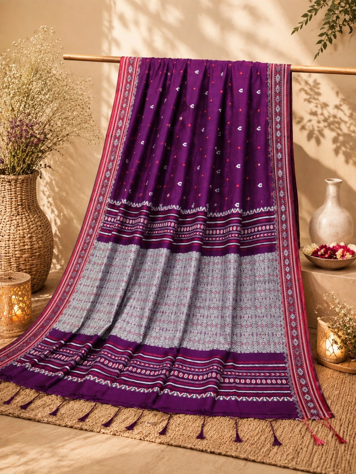 Pure Cotton Purple Handwoven Saree with Geometric Woven Border and Traditional Motifs