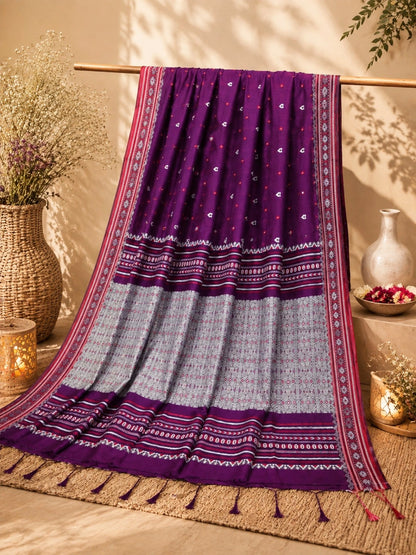 Pure Cotton Purple Handwoven Saree with Geometric Woven Border and Traditional Motifs