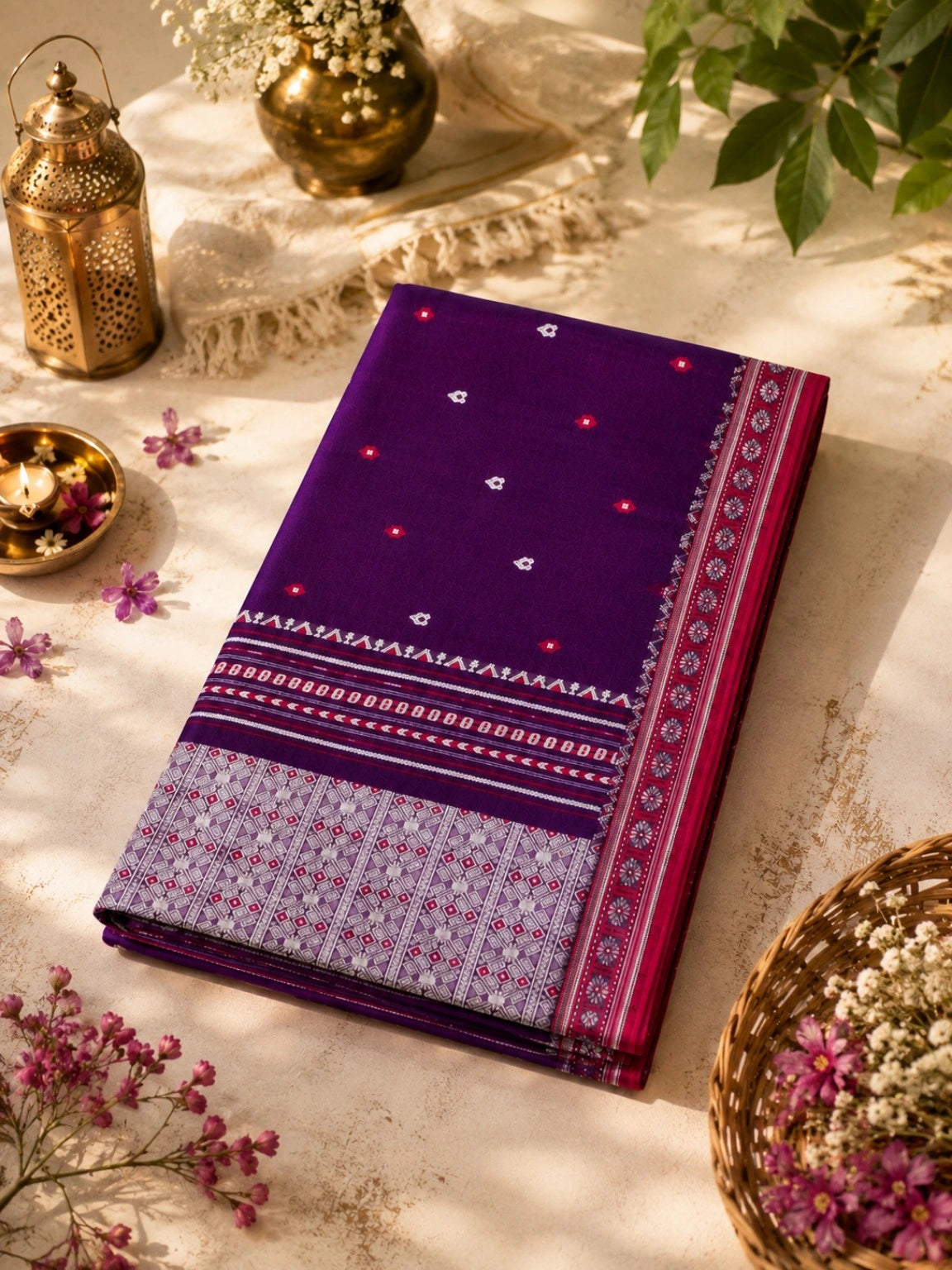 Pure Cotton Purple Handwoven Saree with Geometric Woven Border and Traditional Motifs