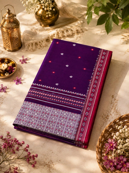 Pure Cotton Purple Handwoven Saree with Geometric Woven Border and Traditional Motifs
