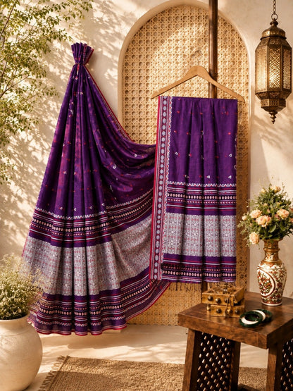 Pure Cotton Purple Handwoven Saree with Geometric Woven Border and Traditional Motifs