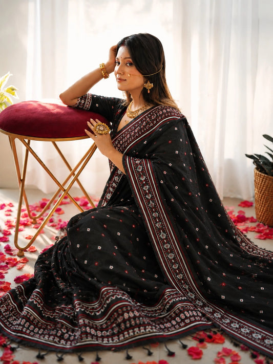 Pure Cotton Weaving Saree in Black with Red & White Geometric Woven Border