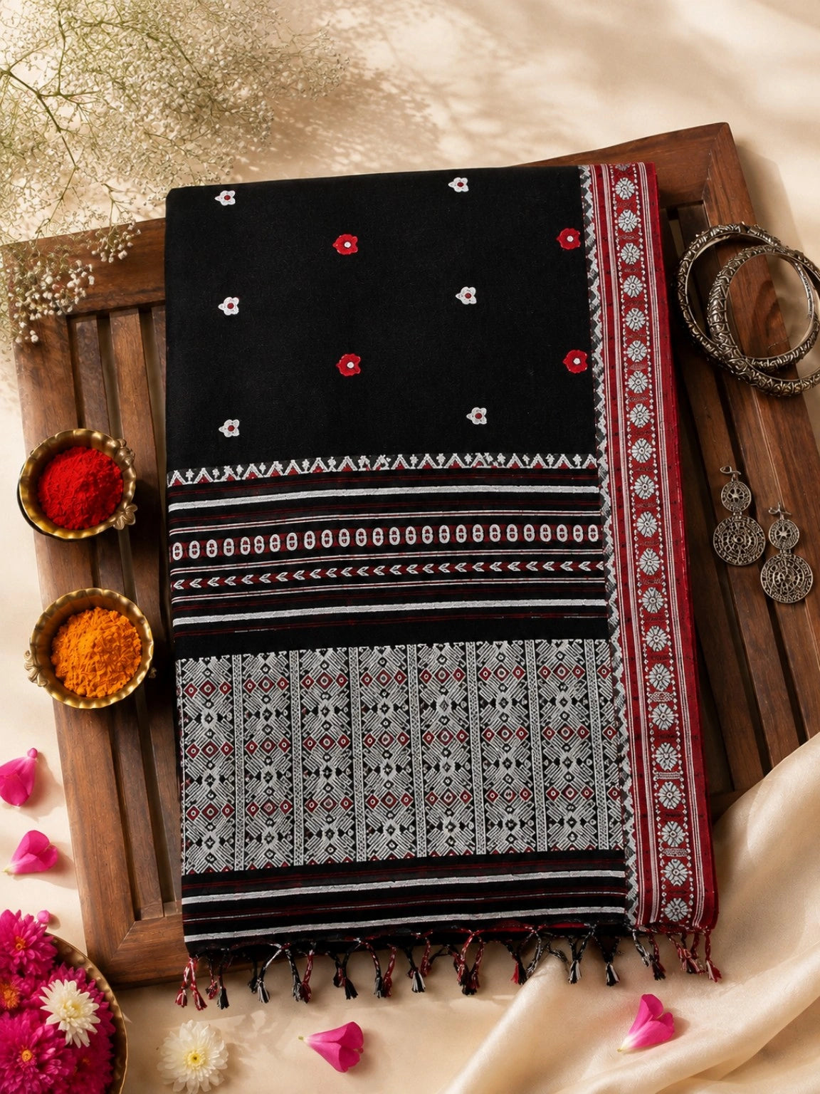 Pure Cotton Weaving Saree in Black with Red & White Geometric Woven Border
