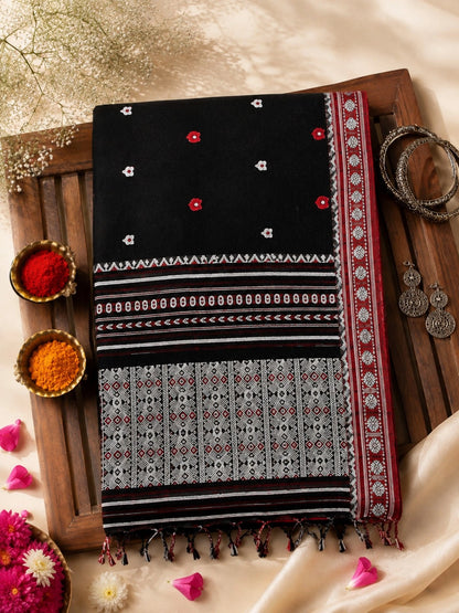Pure Cotton Weaving Saree in Black with Red & White Geometric Woven Border