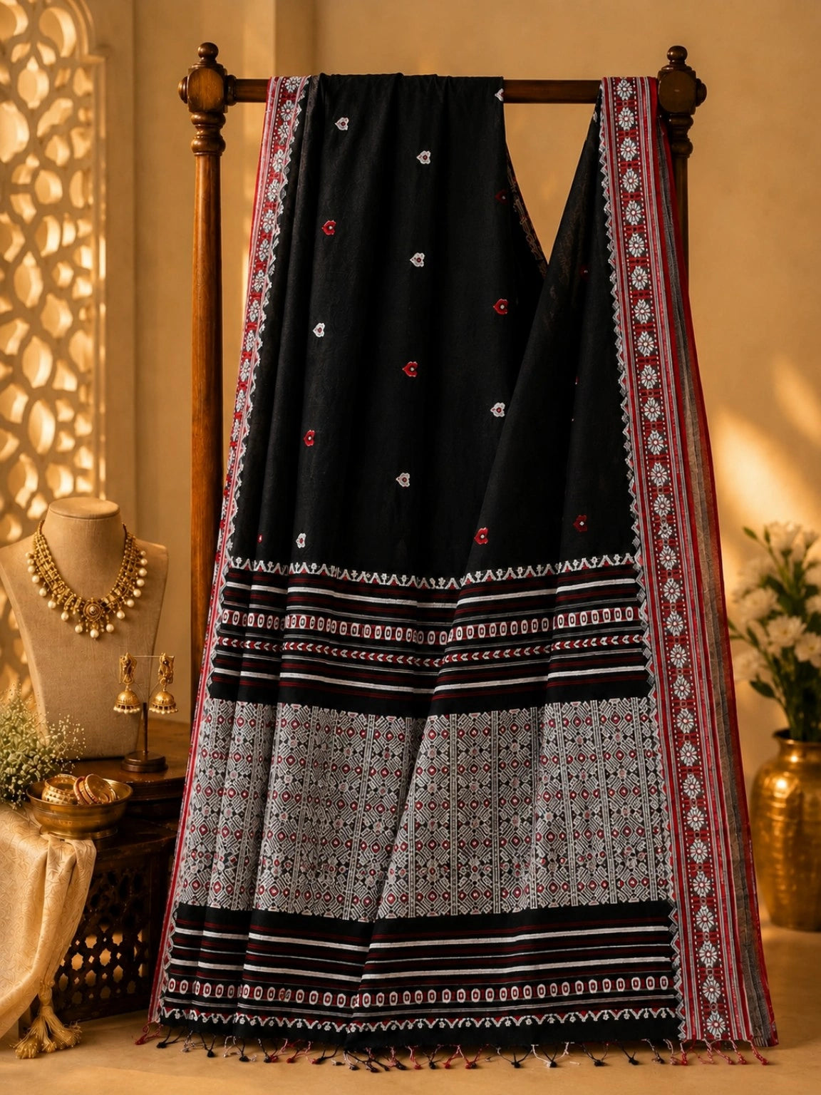 Pure Cotton Weaving Saree in Black with Red & White Geometric Woven Border