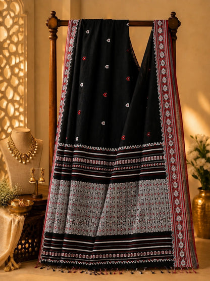 Pure Cotton Weaving Saree in Black with Red & White Geometric Woven Border