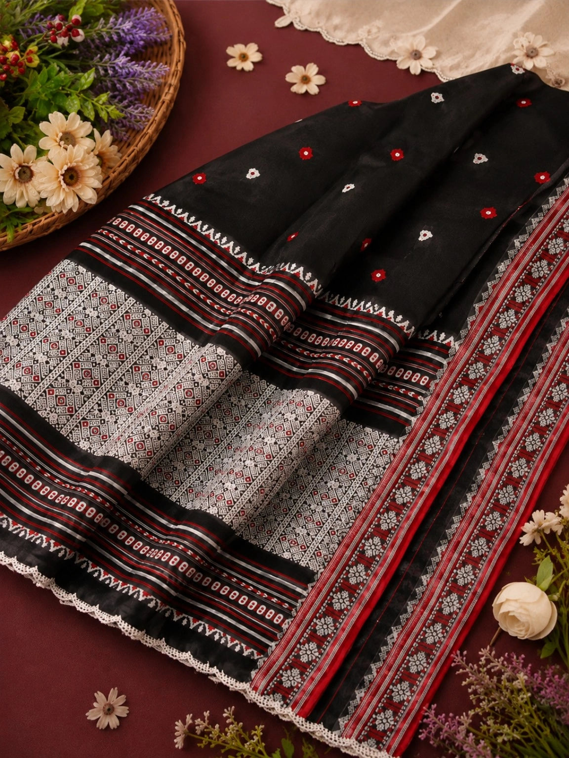 Pure Cotton Weaving Saree in Black with Red & White Geometric Woven Border