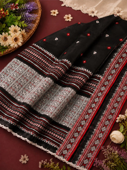 Pure Cotton Weaving Saree in Black with Red & White Geometric Woven Border