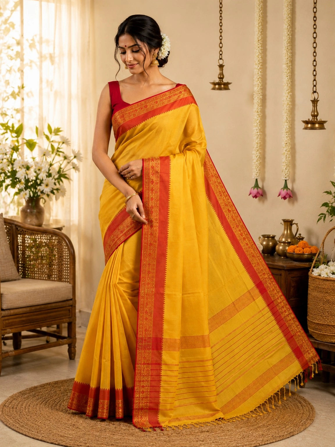 Pure Cotton Handloom Saree in Yellow with Red Traditional Woven Border and Striped Pallu