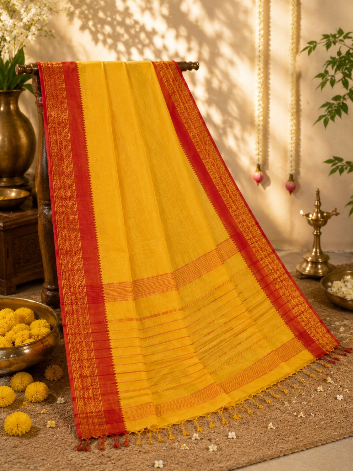 Pure Cotton Handloom Saree in Yellow with Red Traditional Woven Border and Striped Pallu