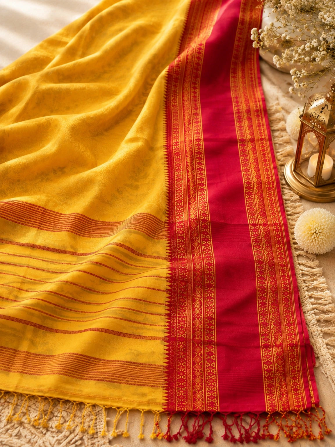 Pure Cotton Handloom Saree in Yellow with Red Traditional Woven Border and Striped Pallu