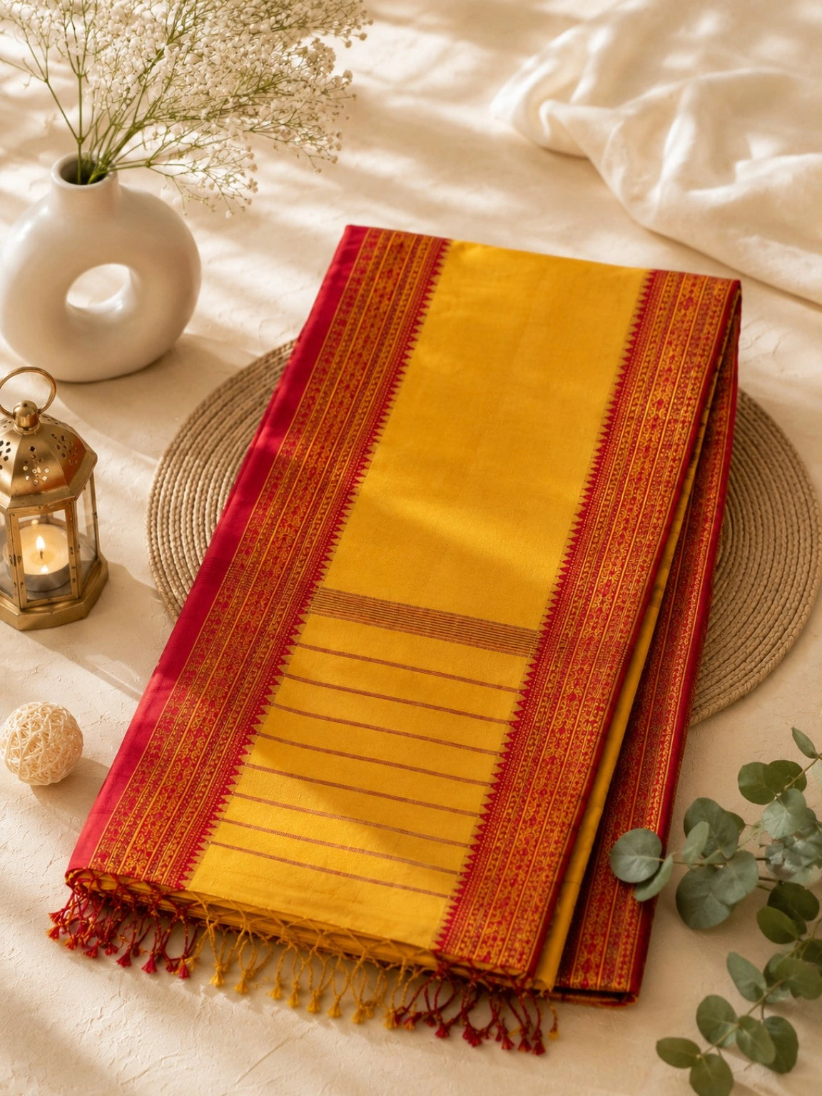 Pure Cotton Handloom Saree in Yellow with Red Traditional Woven Border and Striped Pallu
