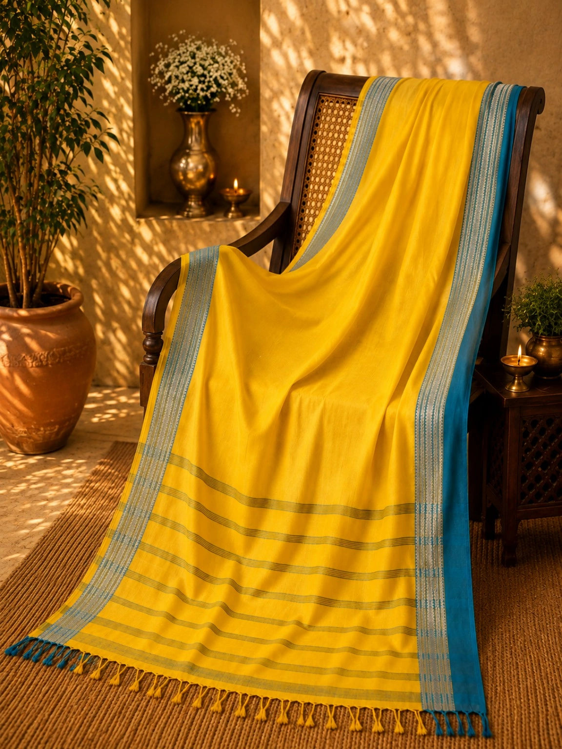 Yellow Pure Cotton Handloom Saree with Blue Woven Border and Striped Pallu