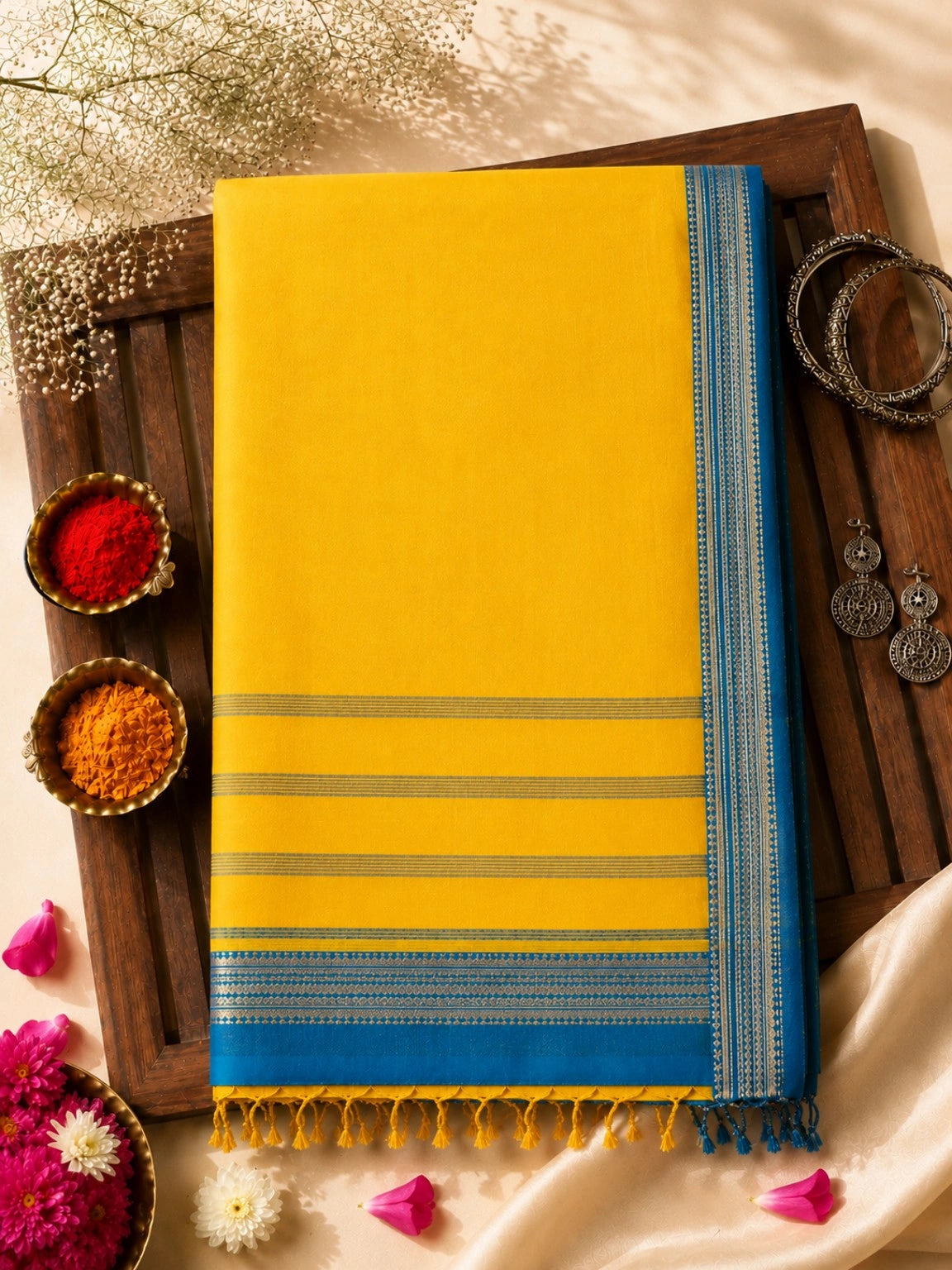 Yellow Pure Cotton Handloom Saree with Blue Woven Border and Striped Pallu